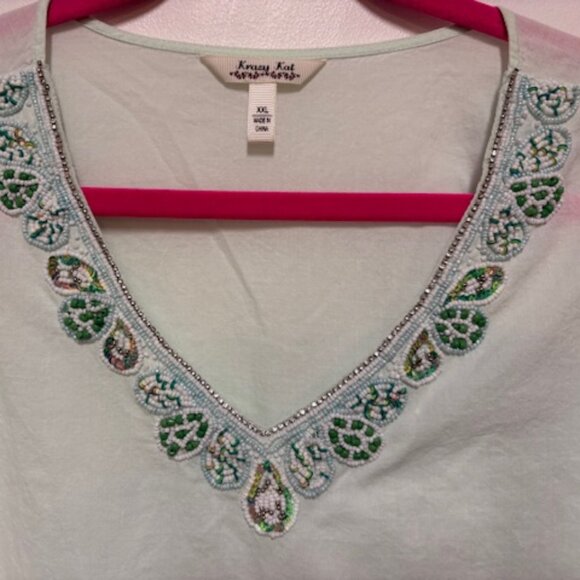 Krazy Kat Women's 100% Cotton Blue Teal Ombré Tunic Beaded Artsy Blouse Top. XXL - Picture 3 of 4